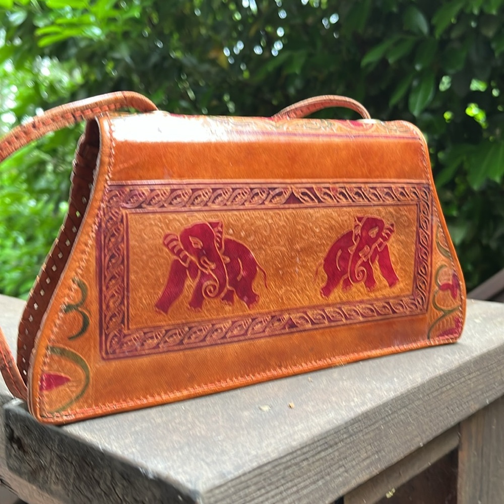 Leather Shantiniketan Tooled & Painted Elephant Vintage Crossbody Clutch